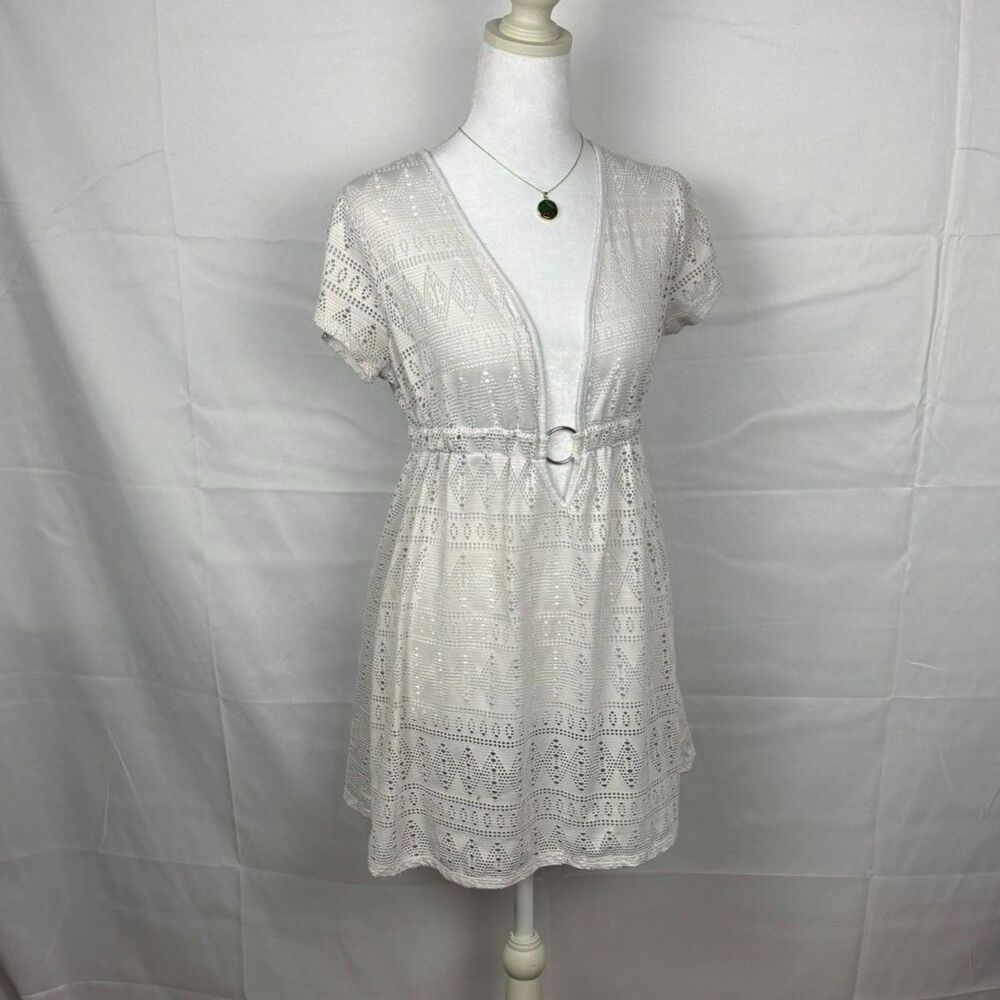 Y2K Tropical Escape White Open Knit Crochet Dress - S